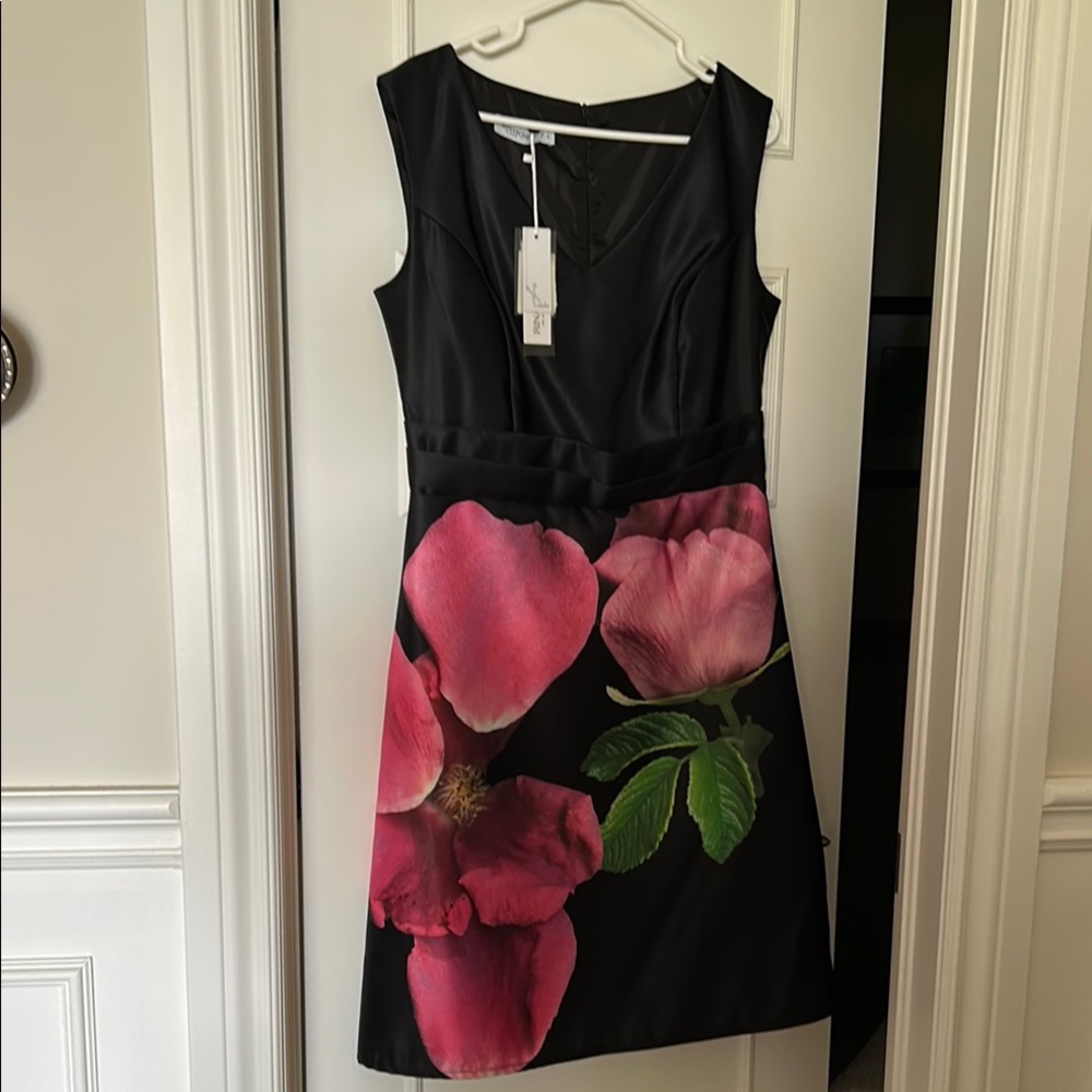 Rinascimento Black and Pink Sheath Midi Dress Scoop Neck Sleeveless